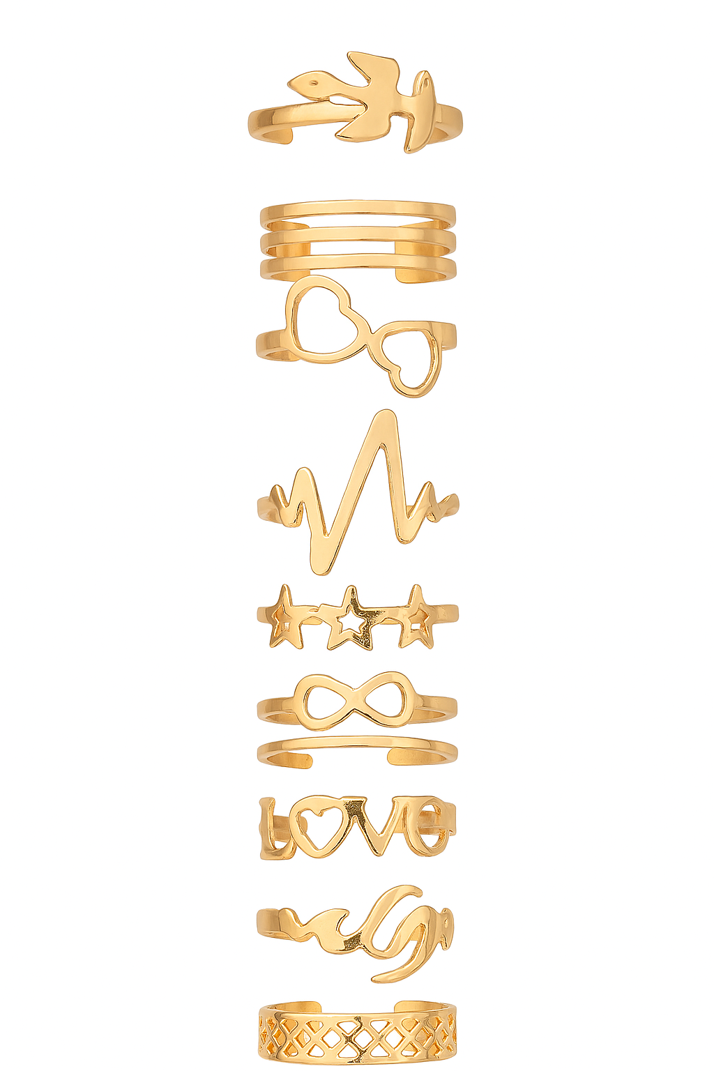 Ten shiny gold-tone rings with stylish cutout designs like stars, birds, and love script, displayed vertically on a white background.