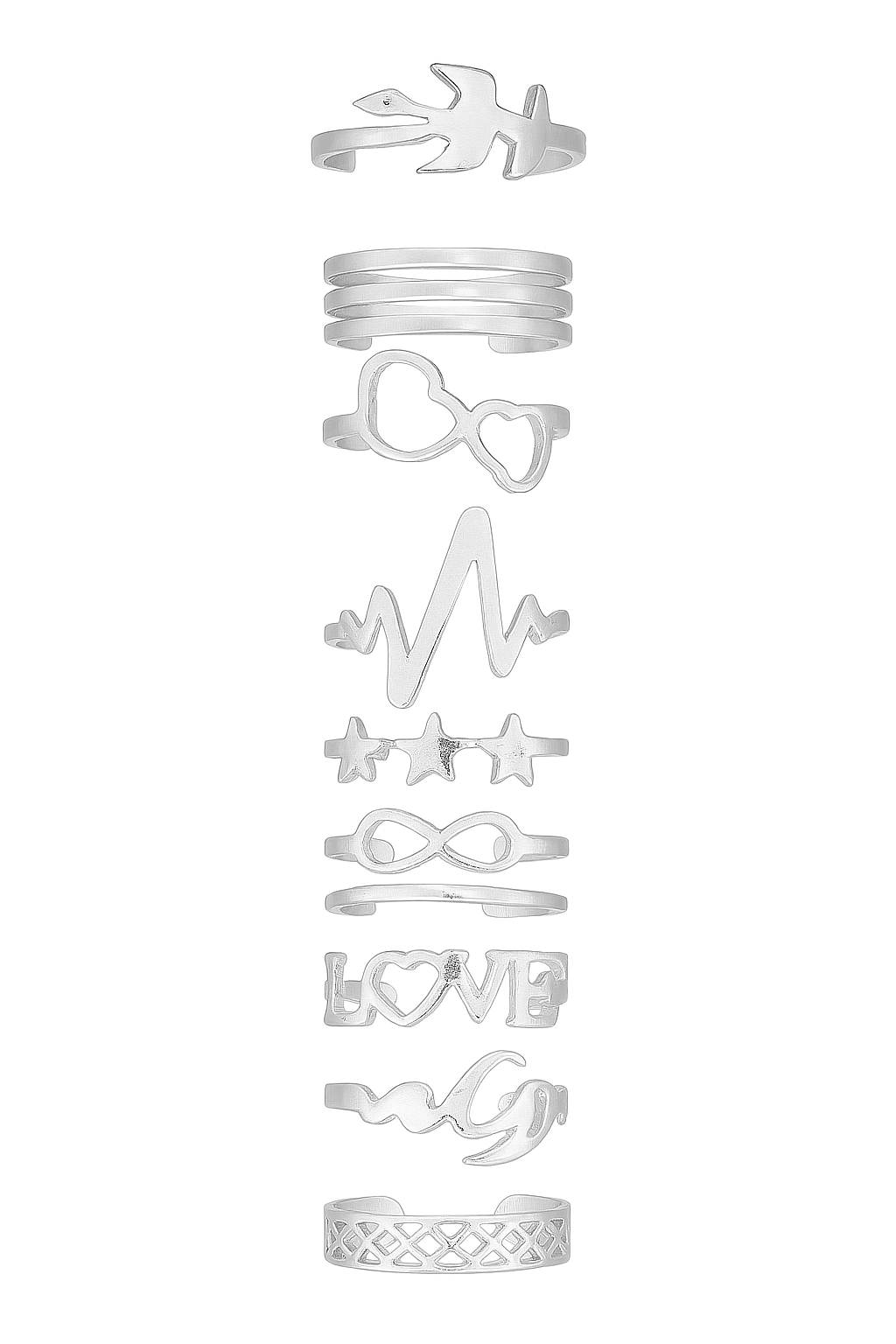 A clean white layout showing ten silver-tone rings in varied artistic designs including infinity, stars, hearts, and bird motifs.