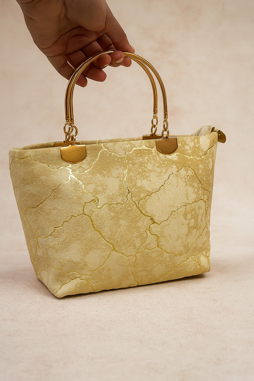 Velvet Marbled Beige Handbag with Gold Handles