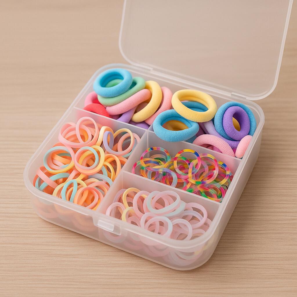 Colorful hair elastic bands in a clear plastic container on a wooden surface