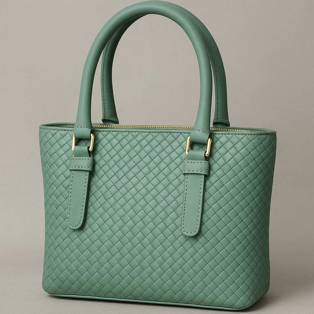 Green quilted handbag with gold accents on a gray background