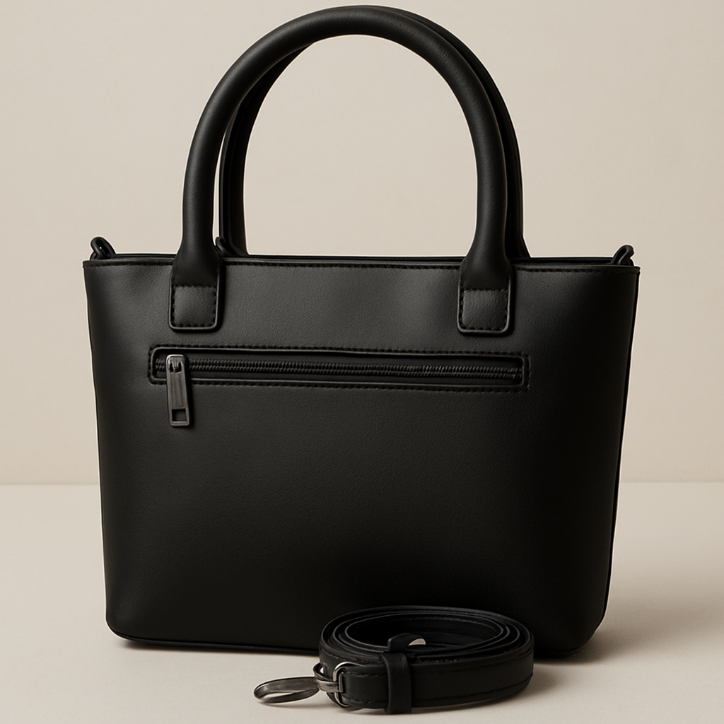 Black handbag with a strap on a beige background