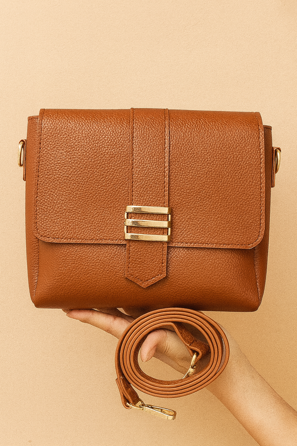 Front view of brown leather handbag with gold buckle and detachable strap, 10x8x4 inches