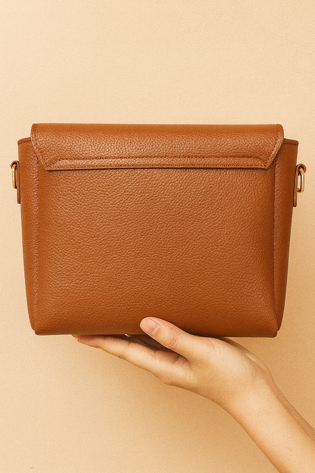 Brown leather handbag held by a hand against a beige background