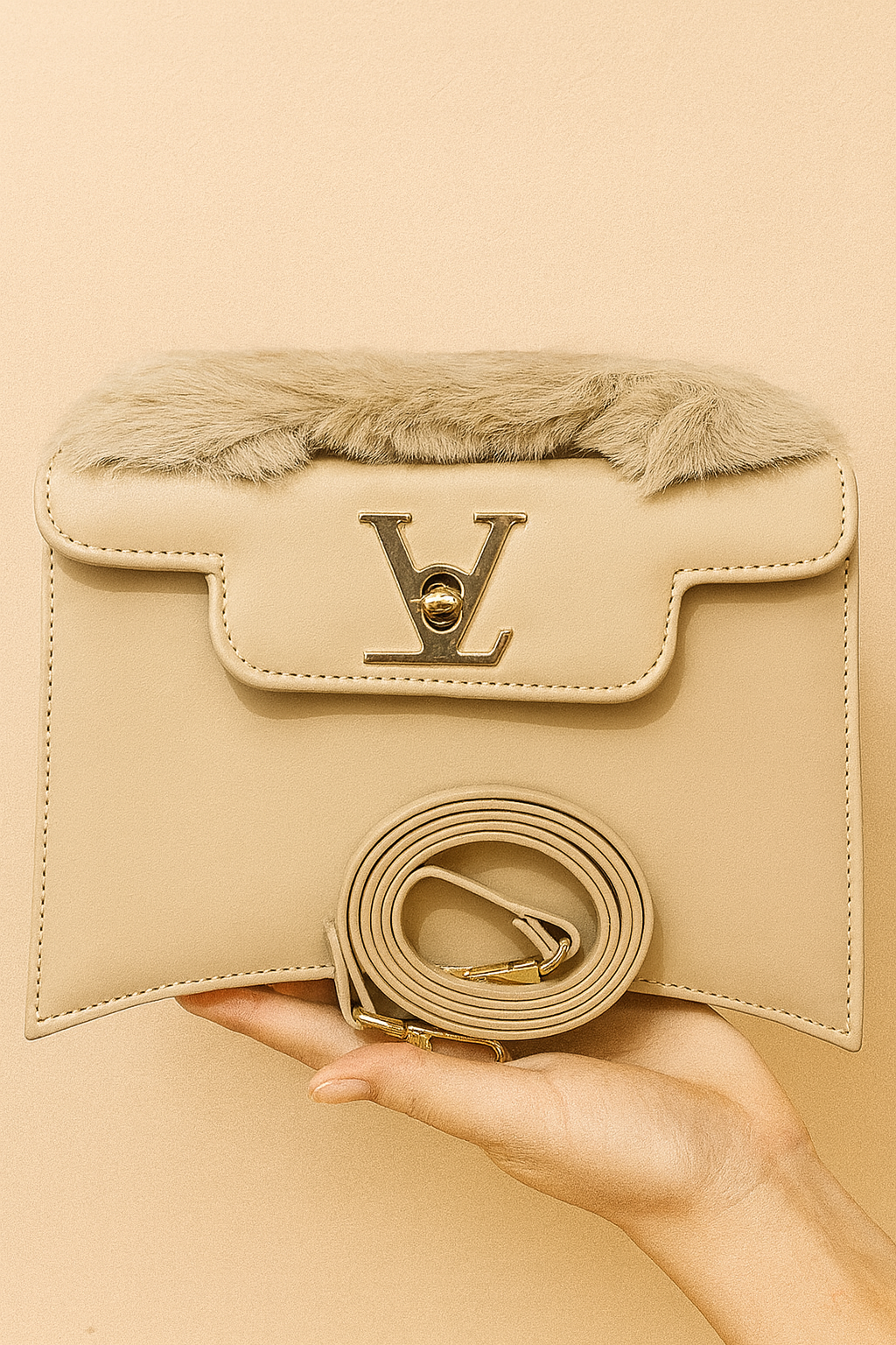 Beige handbag with fur trim held by a hand against a beige background