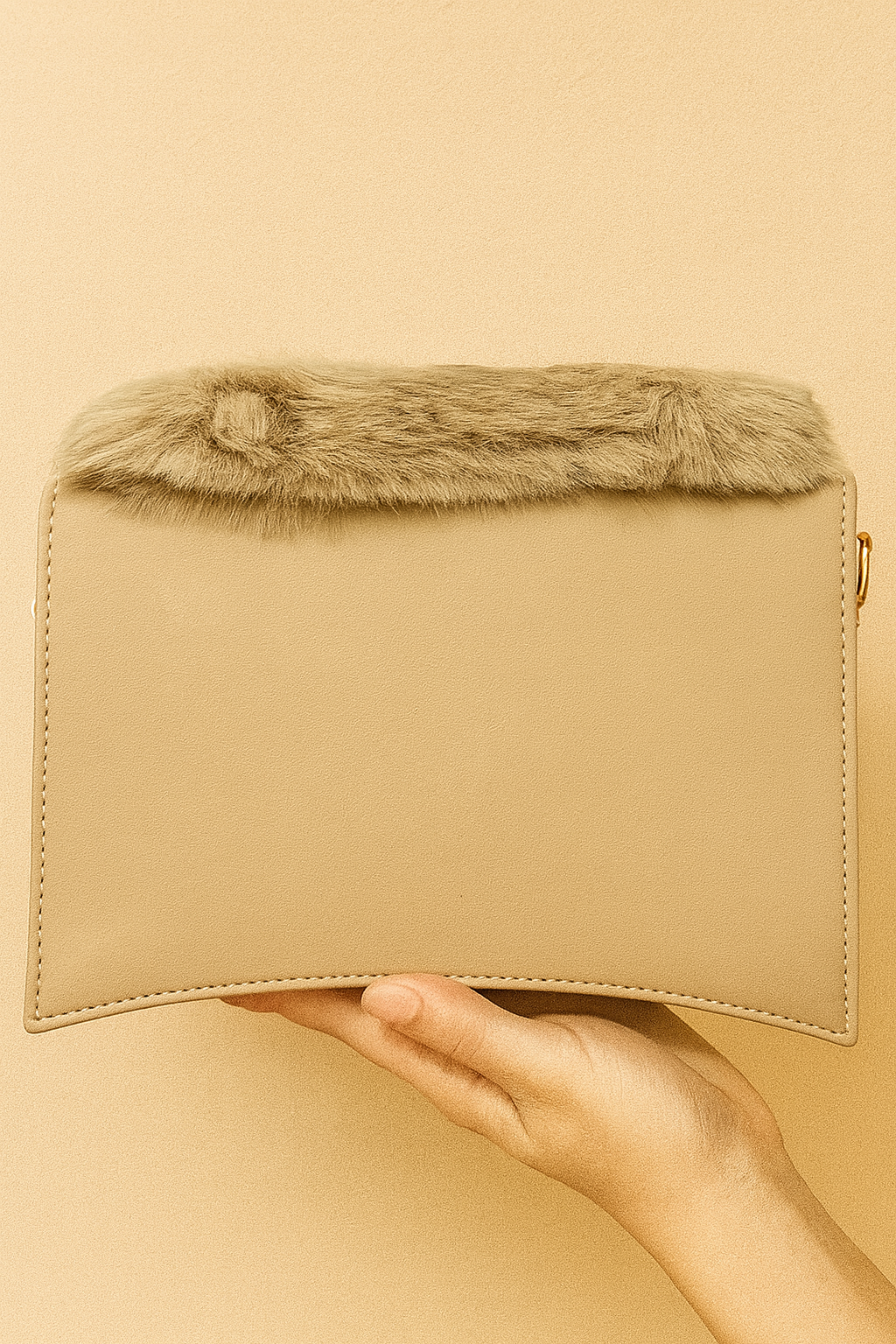 Beige wallet with fur trim held by a hand against a beige background