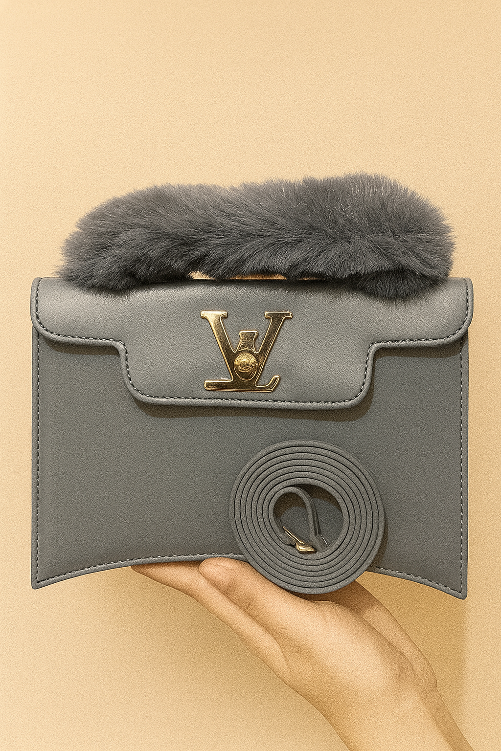 Gray pouch with fur top and gold logo held by a hand on a beige background