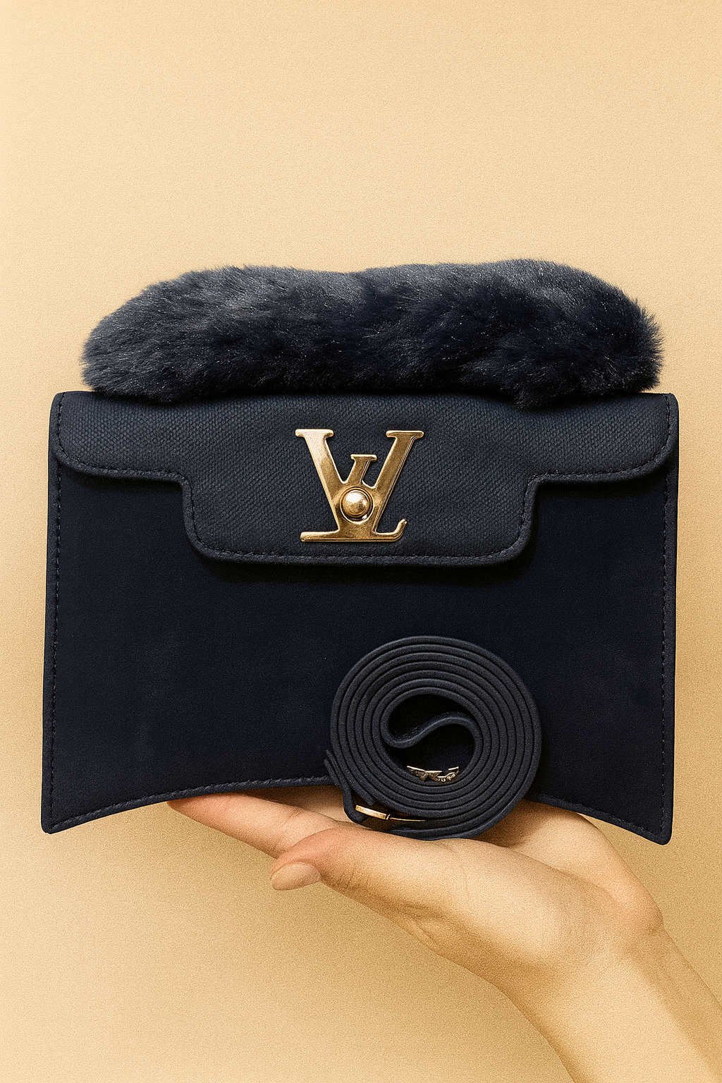 Black handbag with fur top and gold logo held by a hand against a beige background