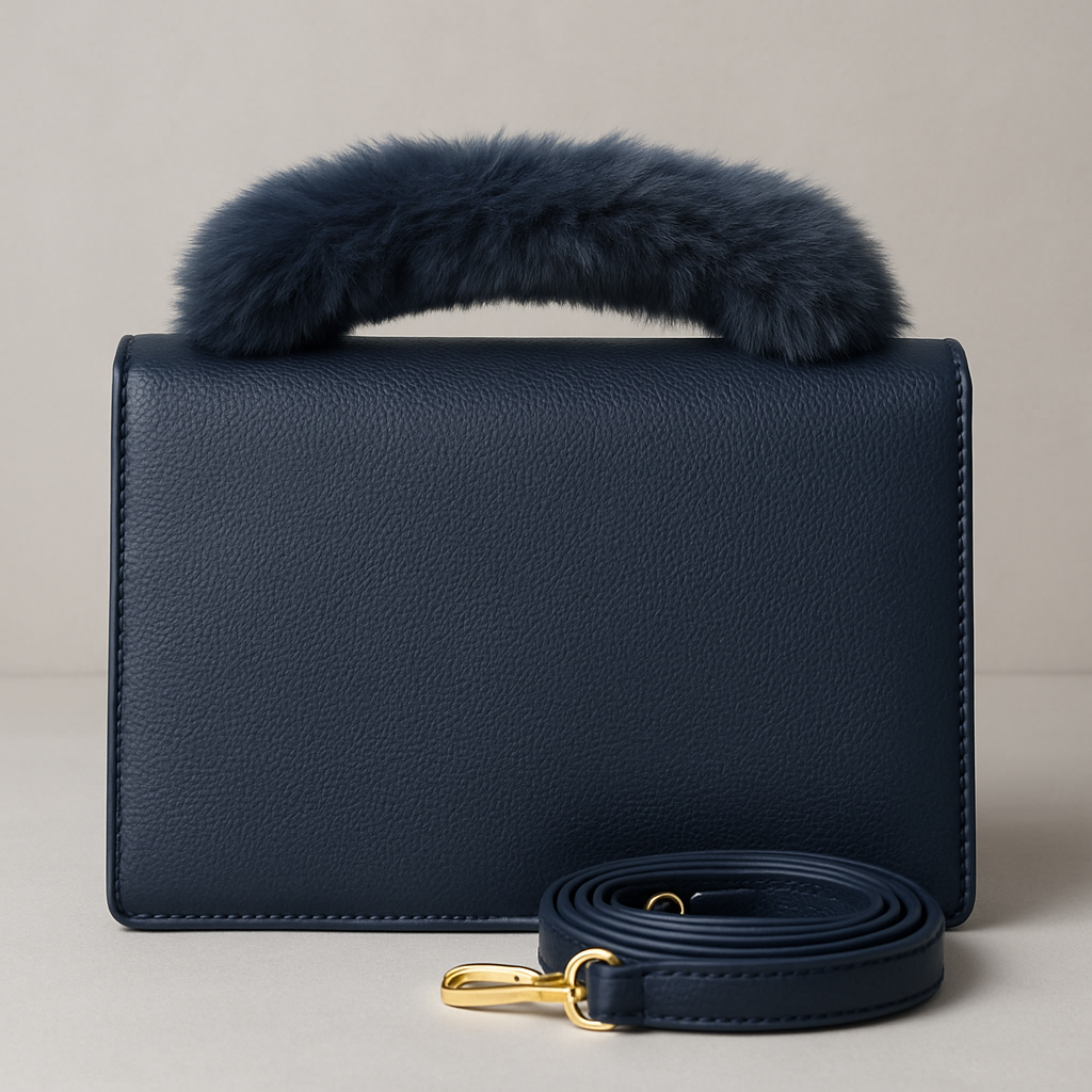Elegant Navy Blue Handbag with Fur Handle, Dual Sections & Shoulder Strap