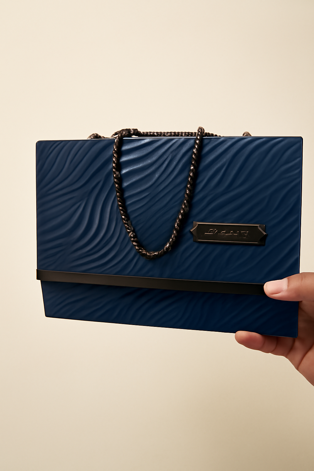 Blue clutch bag with black chain handle held by a hand against a beige background