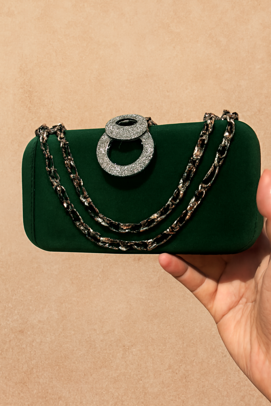 Elegant Green Velvet Clutch Bag with Sparkling Double Ring Closure