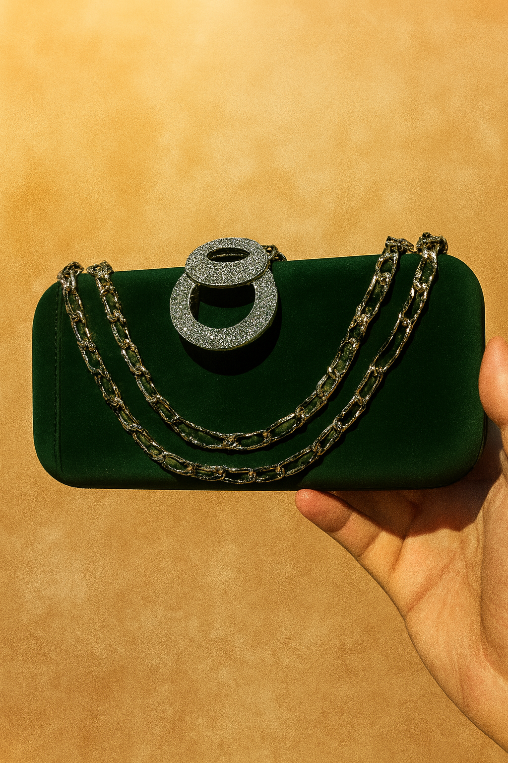 Green clutch with chain detail held by a hand against a beige background