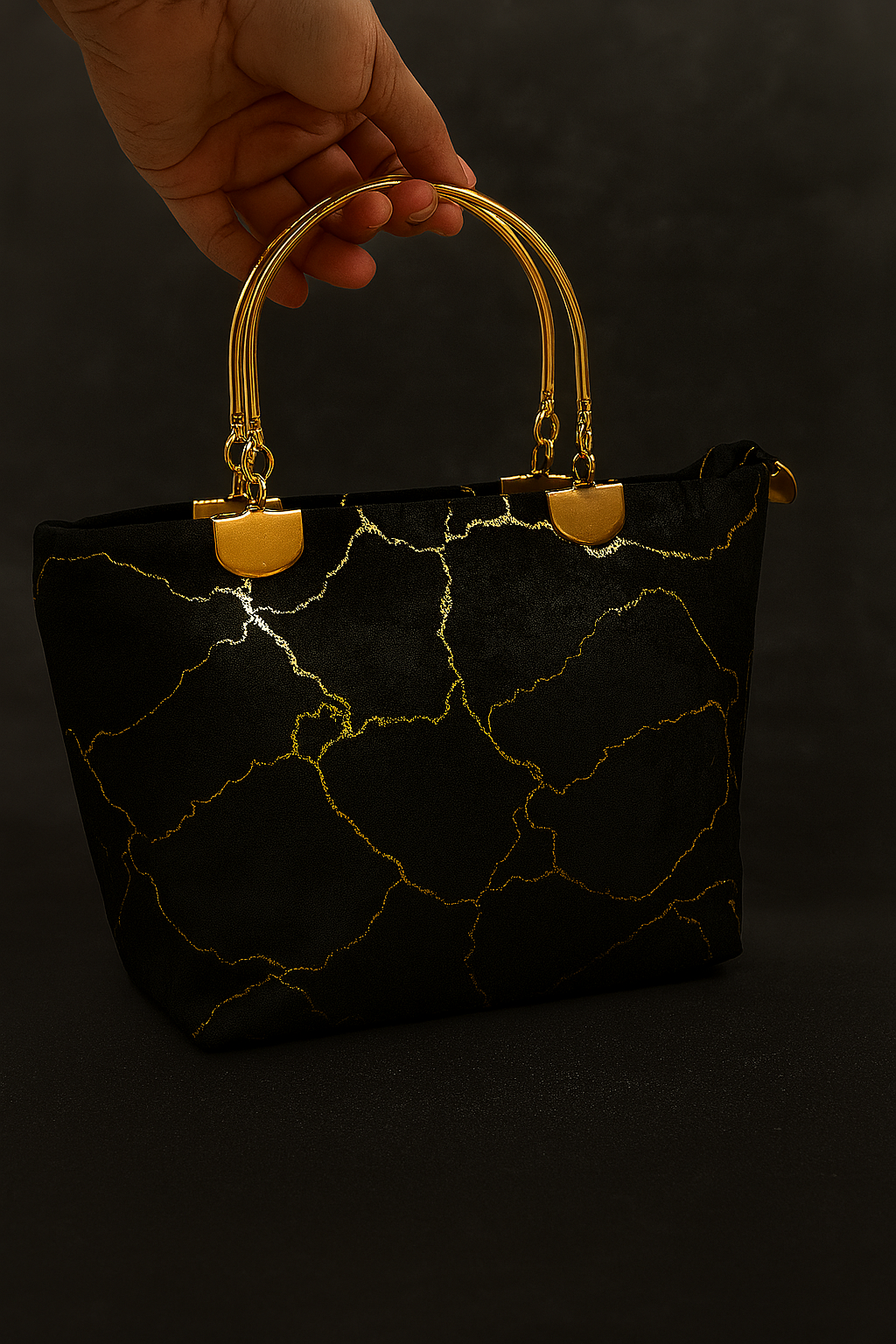 Grey Marble-Texture Handbag with Gold Veins