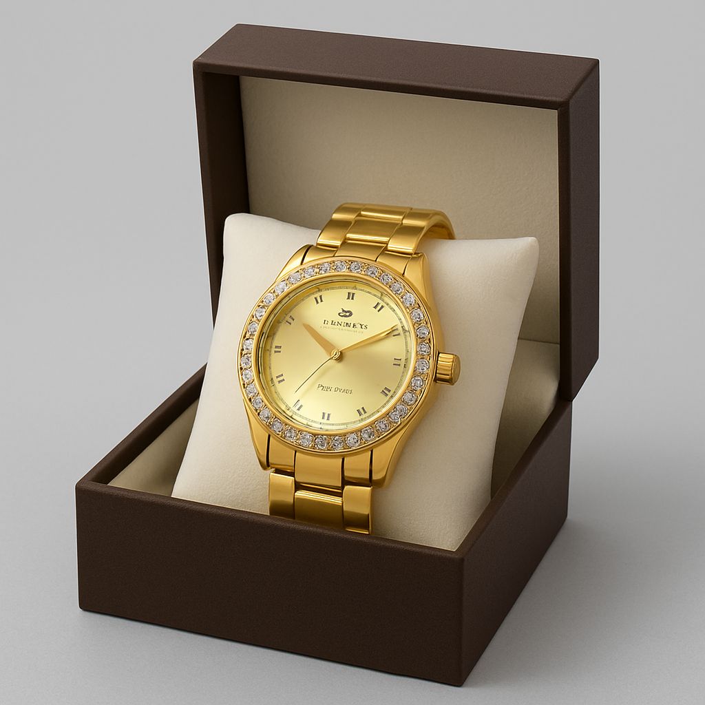Gold wristwatch with diamond accents in a brown box on a gray background