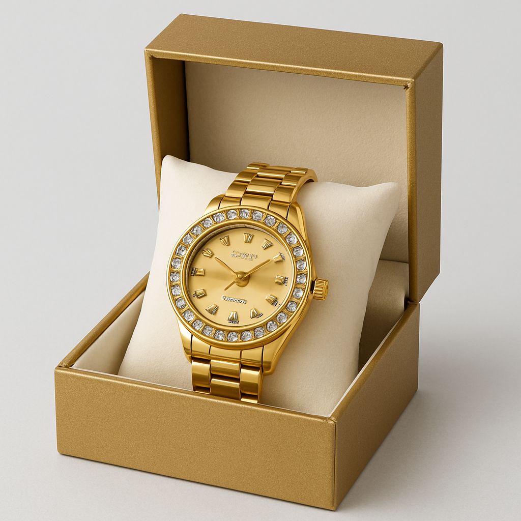Gold wristwatch with diamond accents in a matching gold box on a light gray background