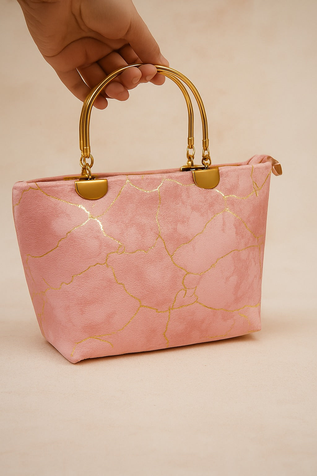 Blush Pink Velvet-Textured Handbag with Golden Accents