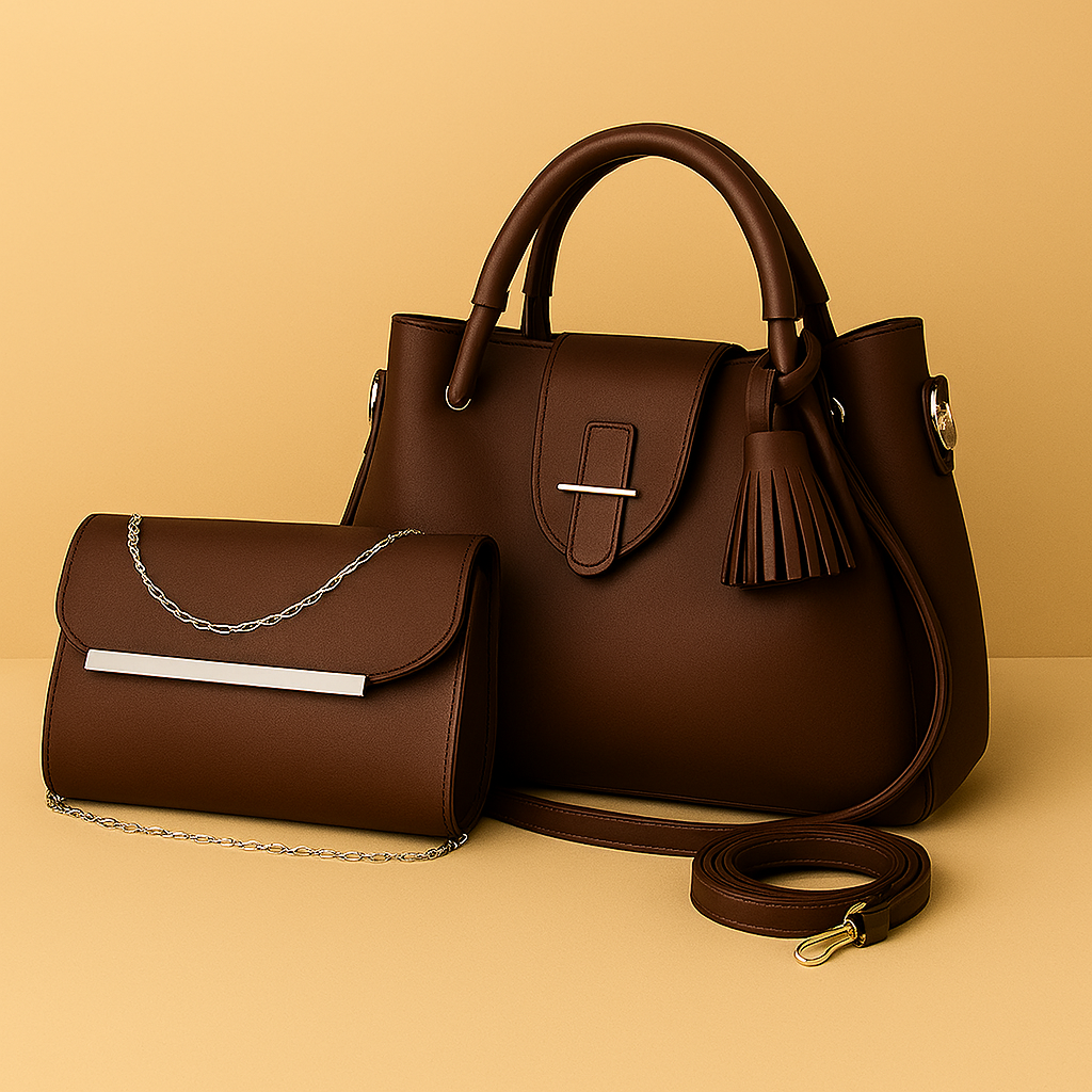 Brown handbag with a matching clutch on a beige background