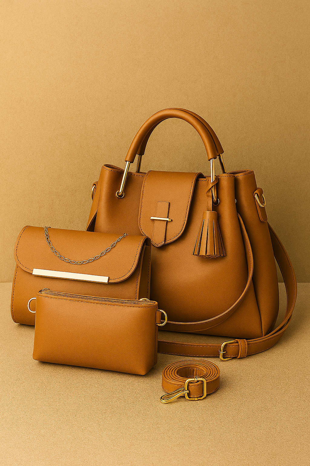 Brown leather handbag set with matching wallet and strap on a beige background