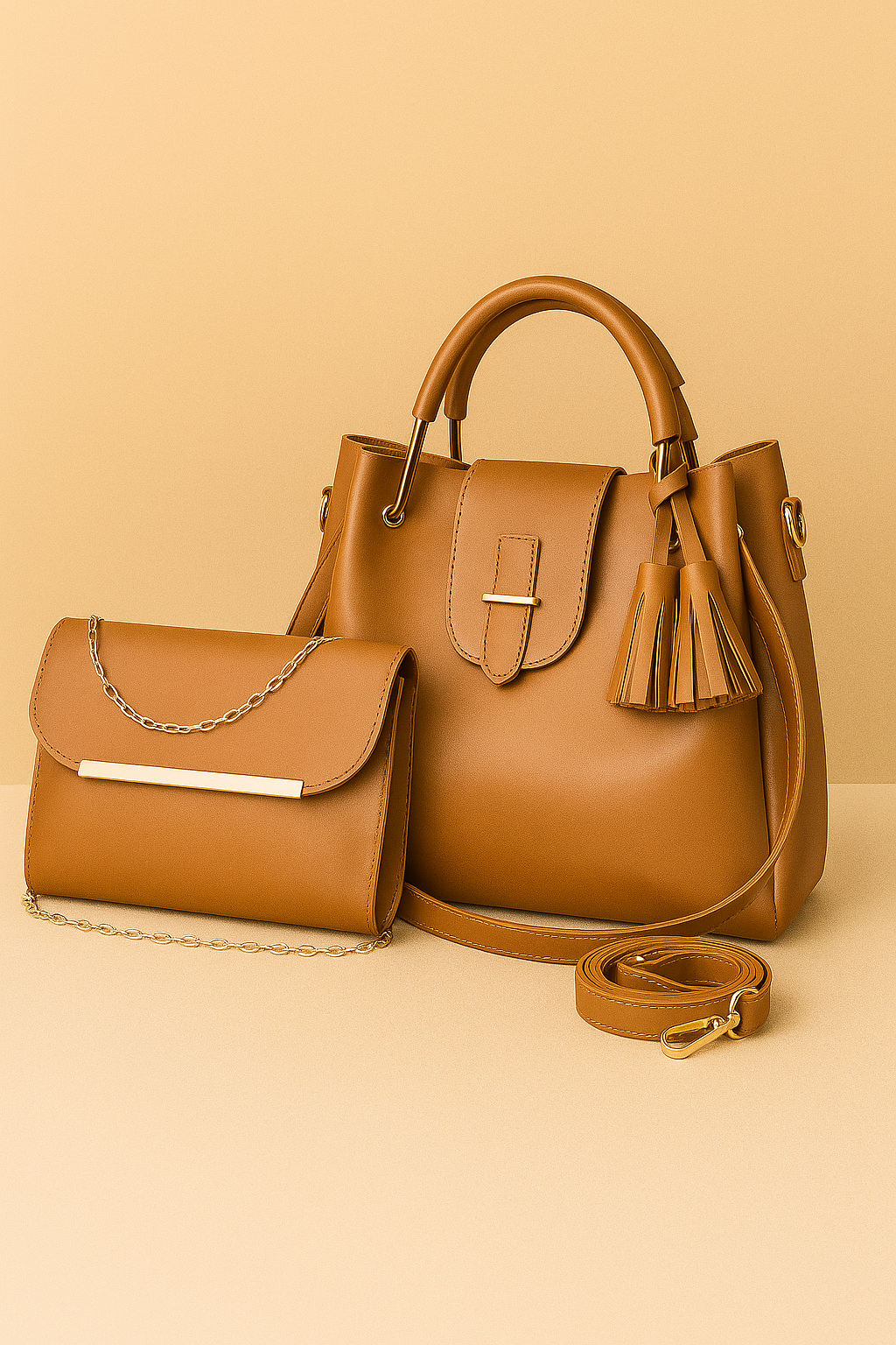 Brown handbag with matching wallet on a beige background