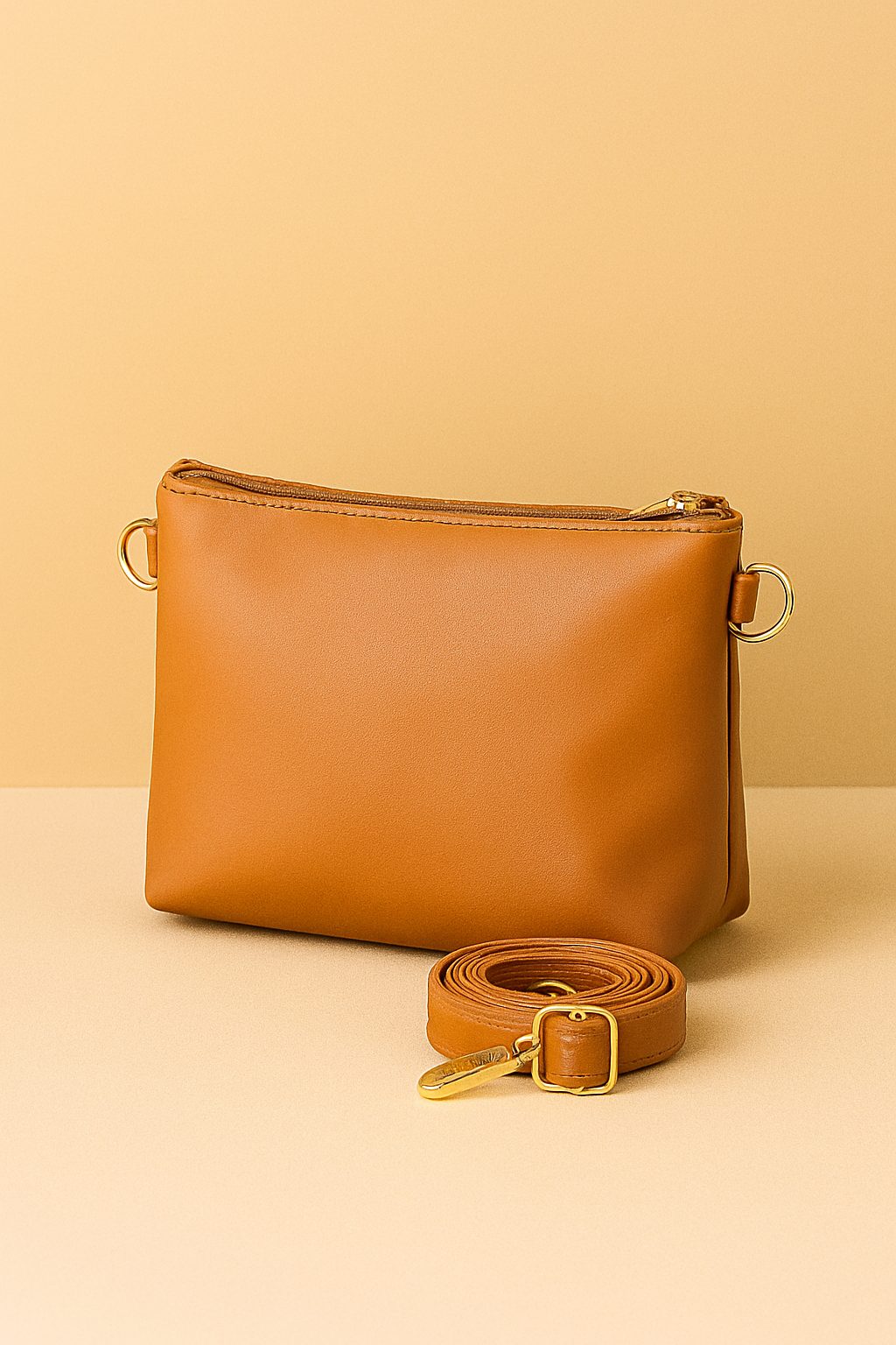 Brown leather handbag with matching strap on a beige background