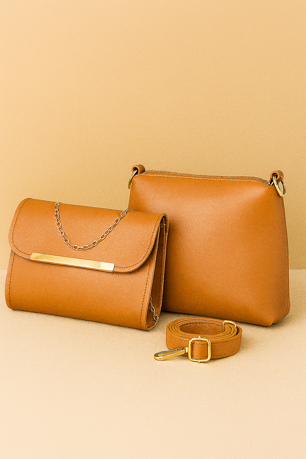 Brown leather handbag and wallet set on a beige background