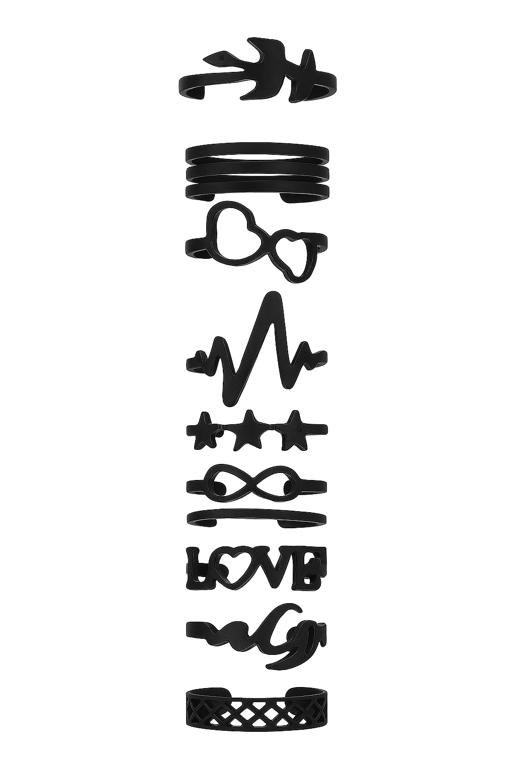 A vertical stack of 10 matte black artificial rings featuring different stylish shapes including a bird, heartbeat, hearts, infinity, stars, and LOVE typography, displayed on a white background.