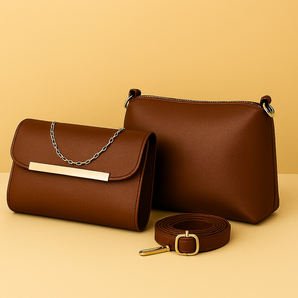 Brown leather handbag with chain detail and matching belt on a beige background