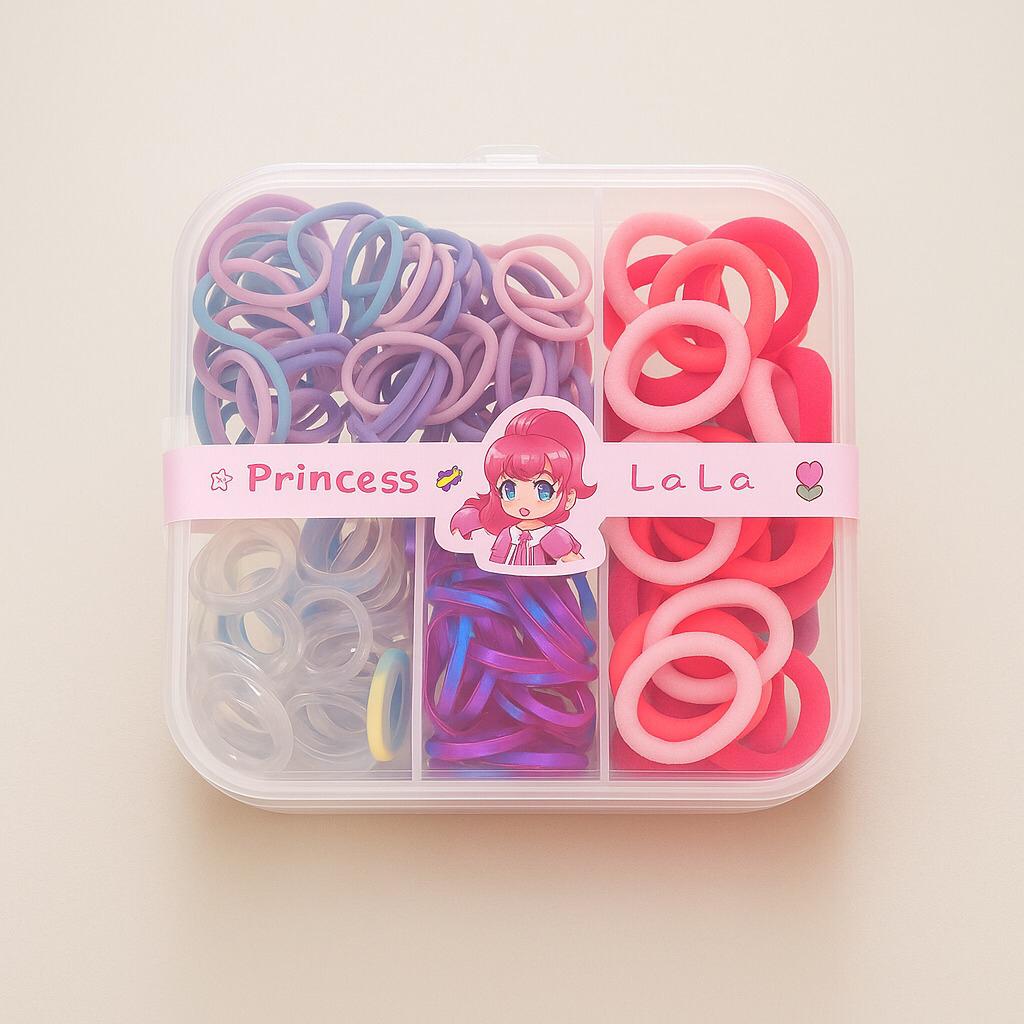 Baby pony box with colorful hair ties, rubber bands, and ponytails for girls