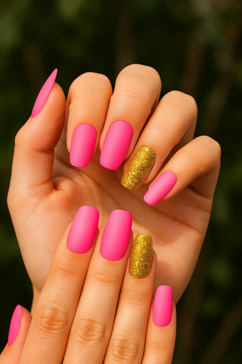 Close-up of a hand with pink and gold nail polish against a blurred green background