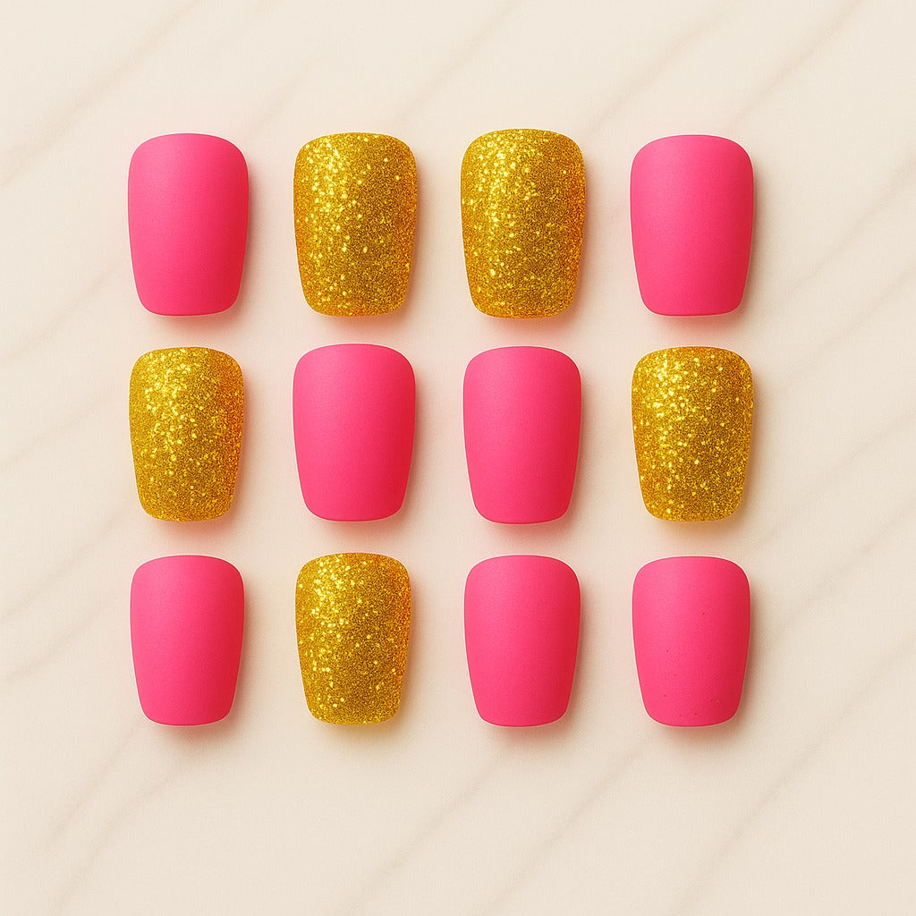 Nail art design with pink and gold glitter nails on a light background