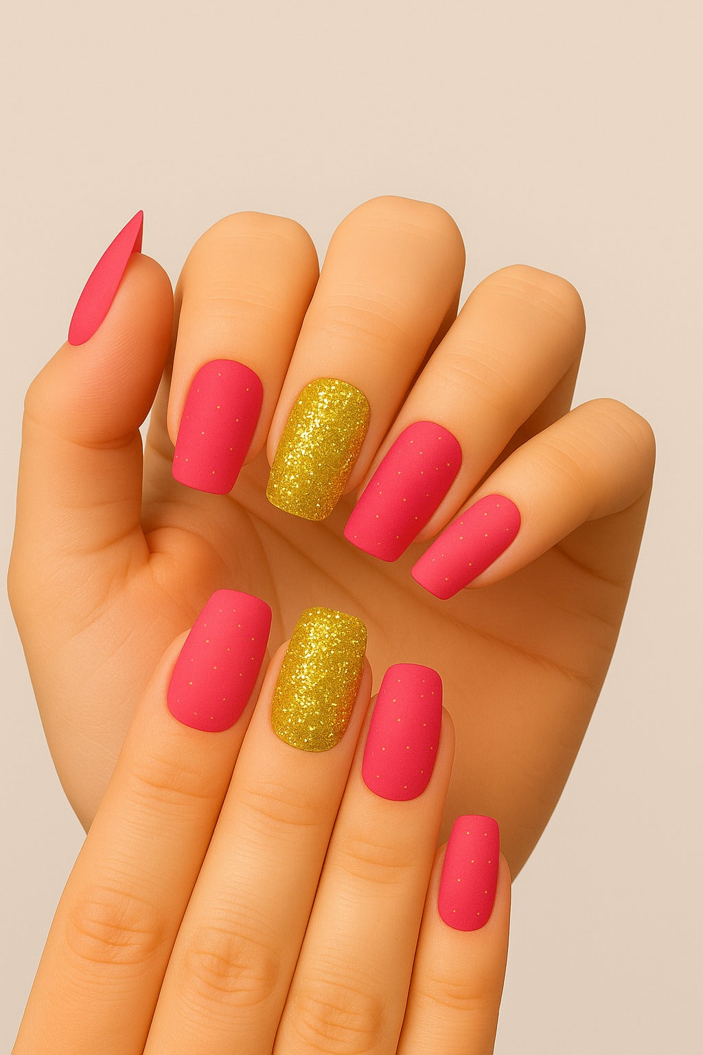 Hand with pink and gold glittery nails on a beige background