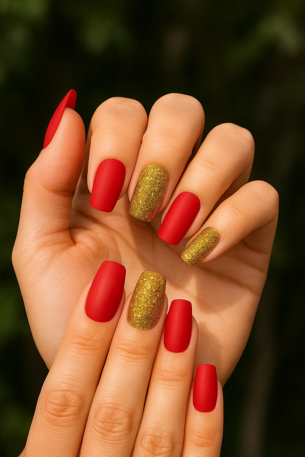 Hand with red and gold glittery nails against a dark background