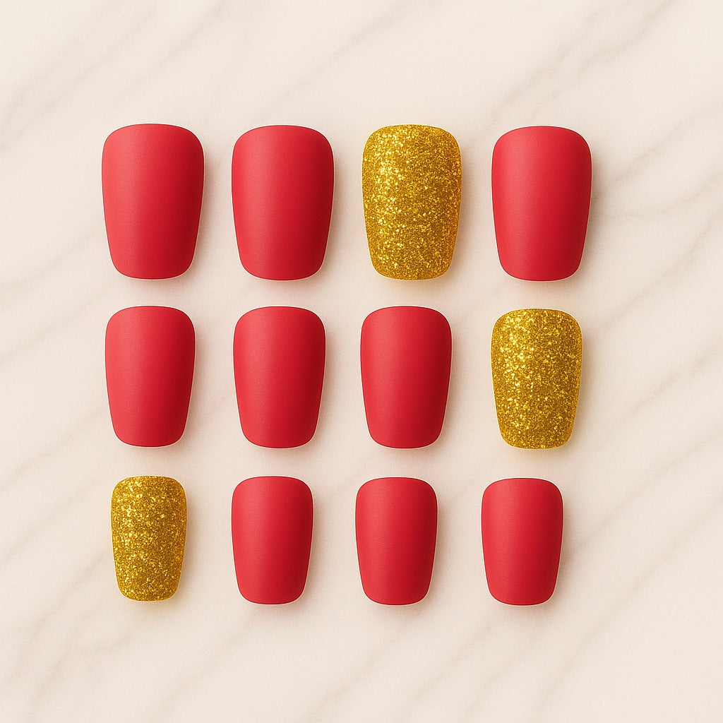 Red and gold nail polish samples arranged in a grid on a light background