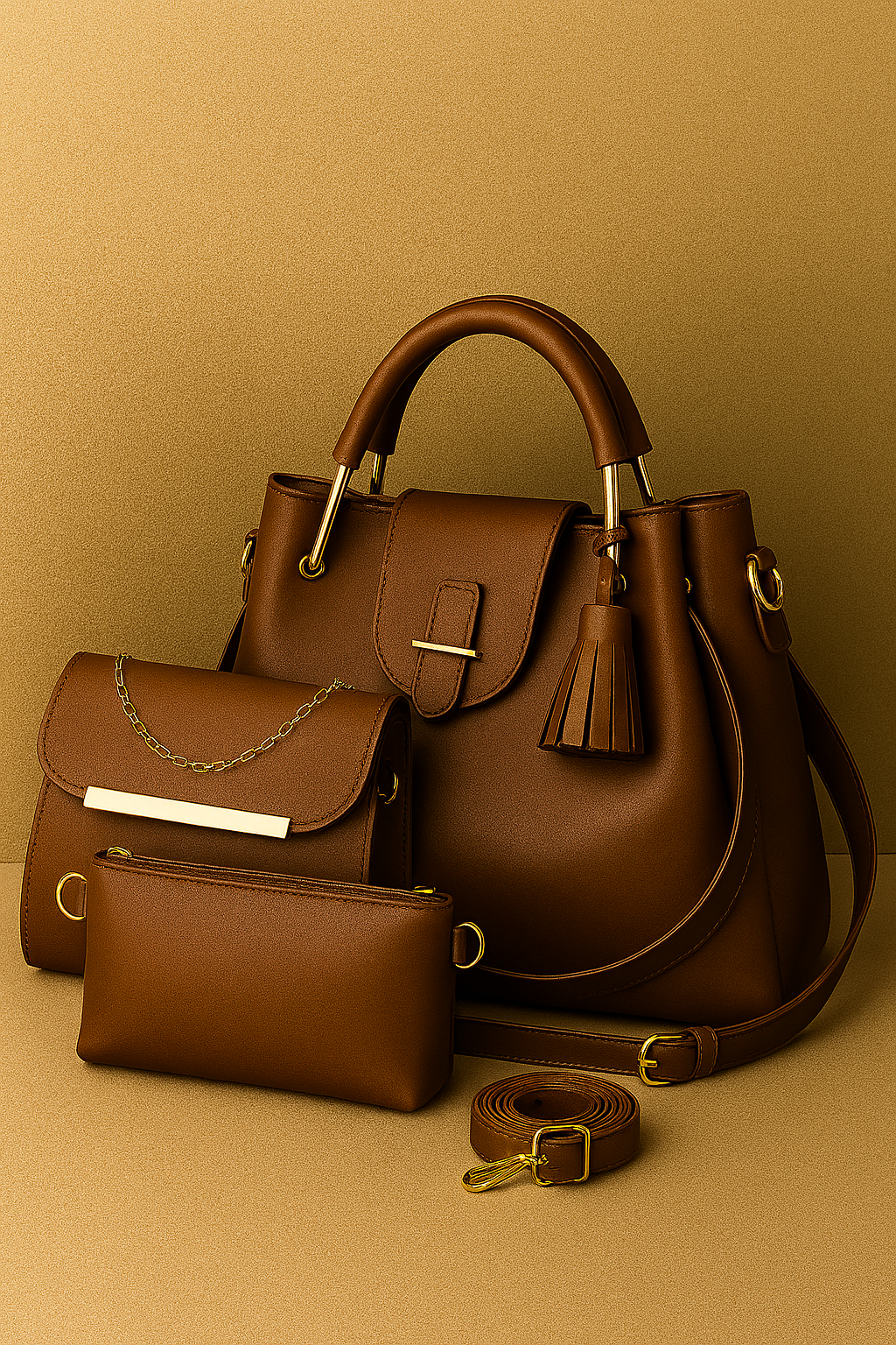 Brown leather handbag with matching pouches on a beige background