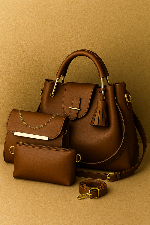 Brown leather handbag with matching pouches on a beige background