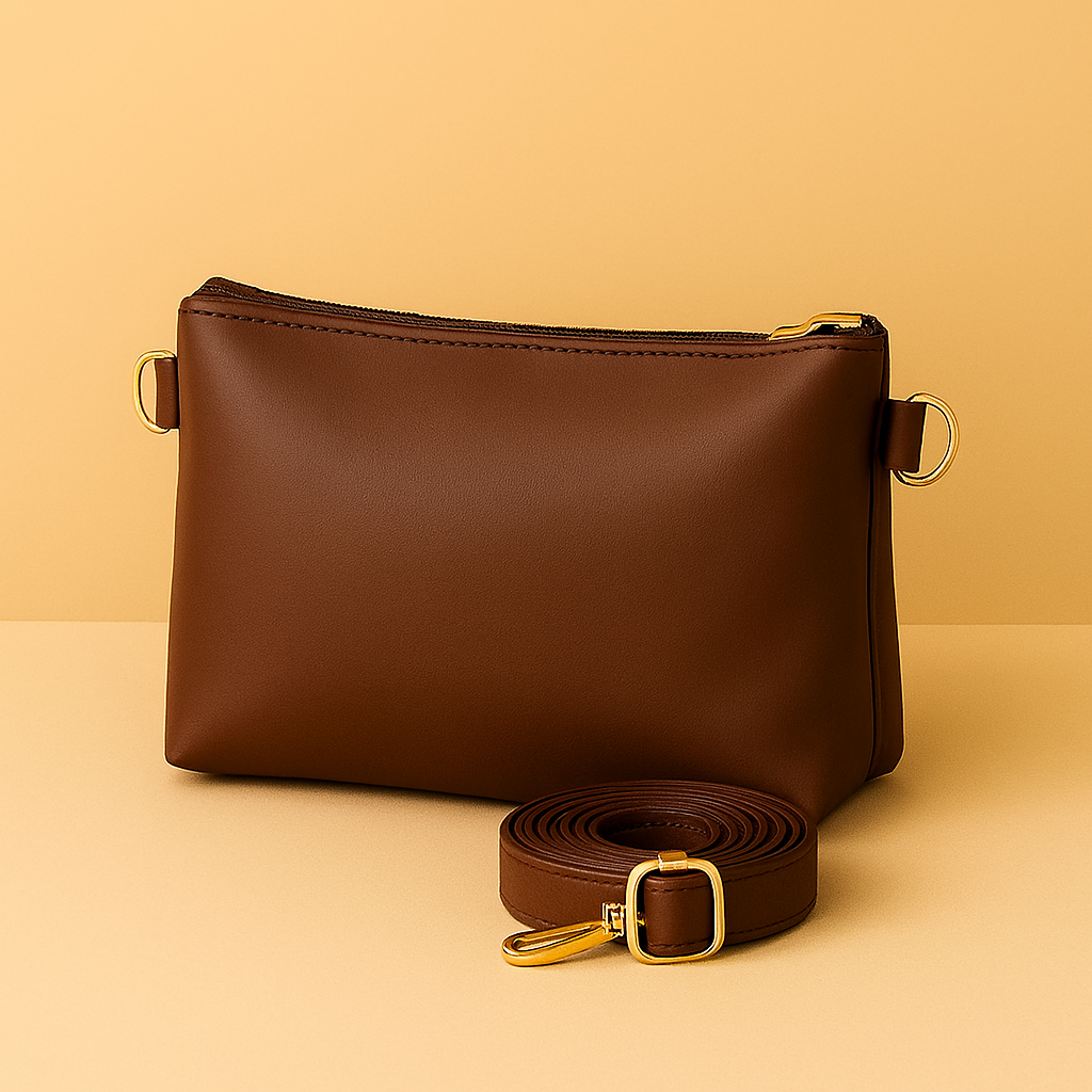 Brown leather bag with matching strap on a beige background