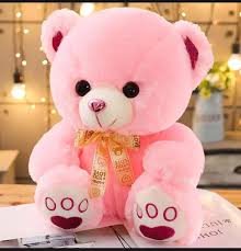 Soft and fluffy pink 10-inch teddy bear with golden ribbon and black eyes – Layvira