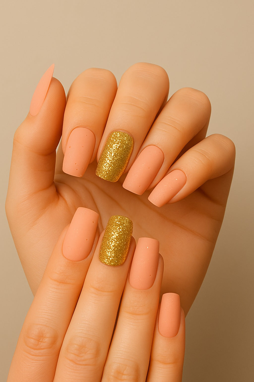 Hand with gold glitter nail polish on a beige background