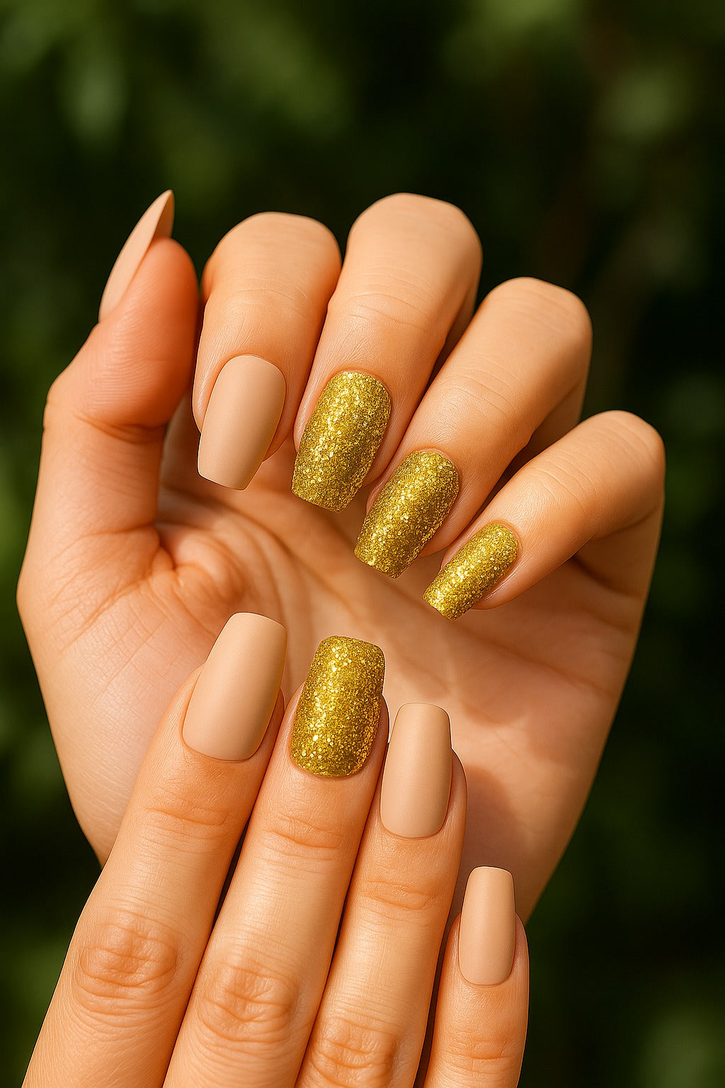 Hand with gold glittery nail polish against a blurred green background