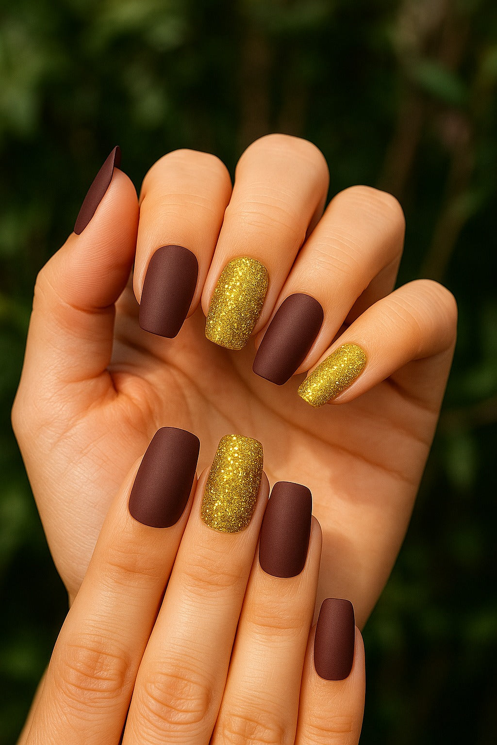 Hand with brown and gold glittery nail polish against a blurred green background