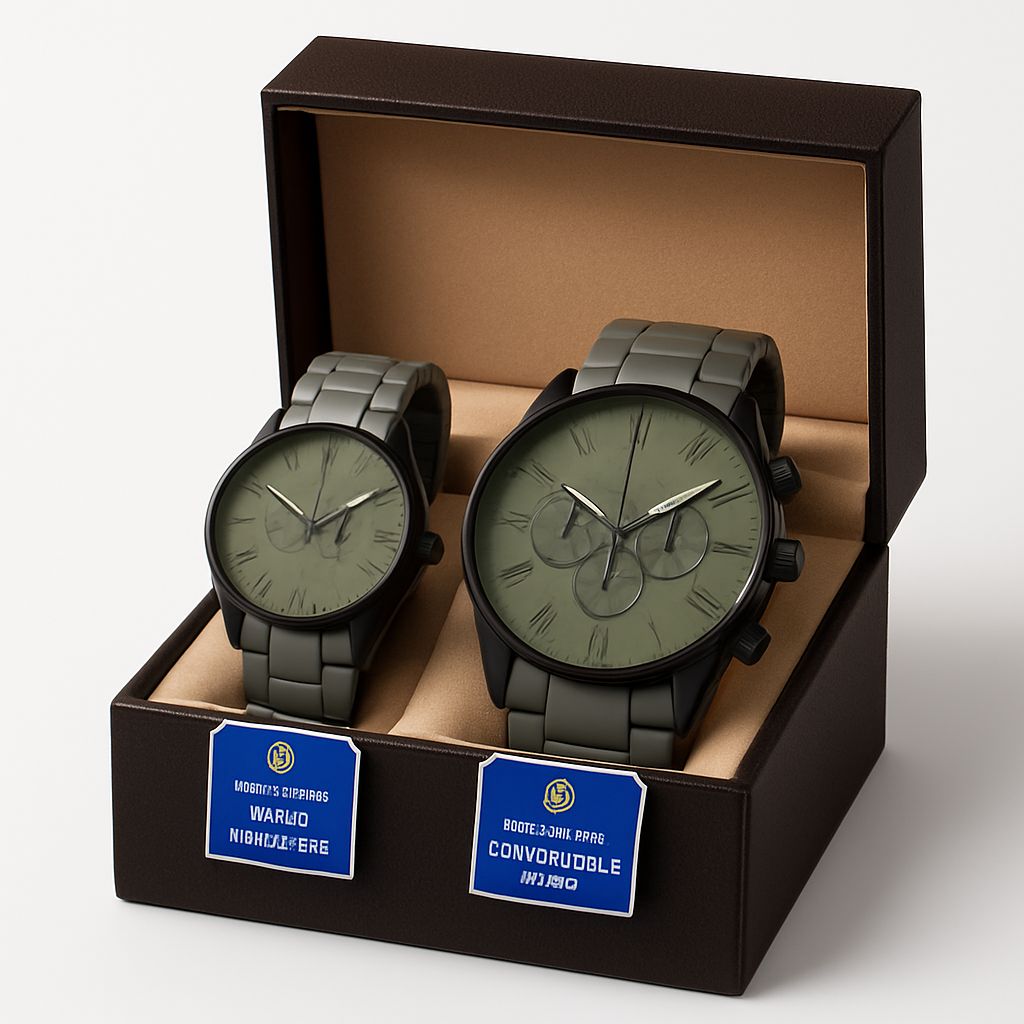 Two watches in a black box with brown interior