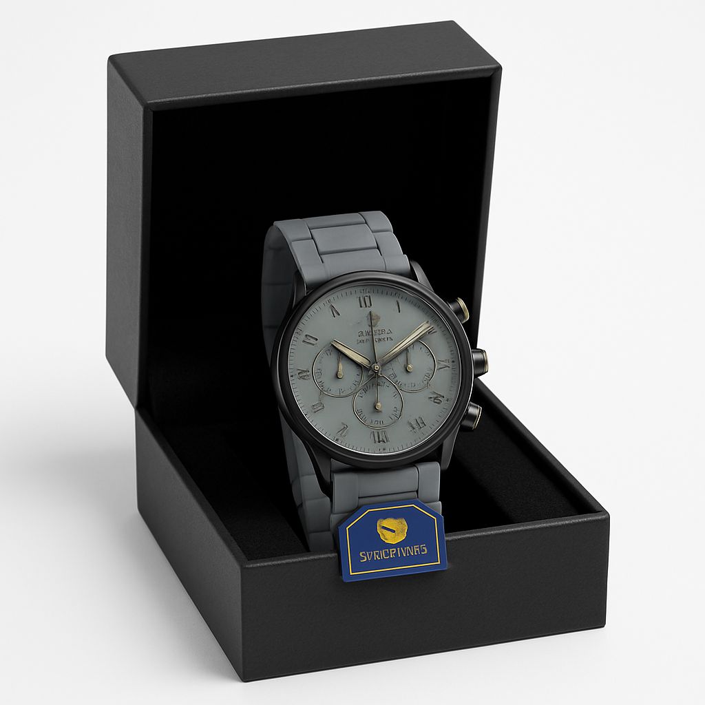 Watch with a gray strap in a black box on a white background