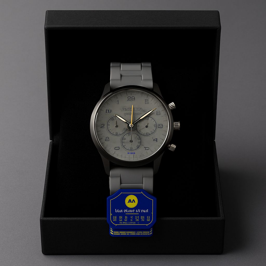 Watch with a silver strap and gray face in a black box, featuring a brand label.