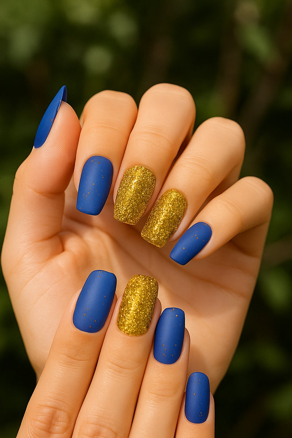 Hand with blue and gold glittery nail polish against a blurred green background