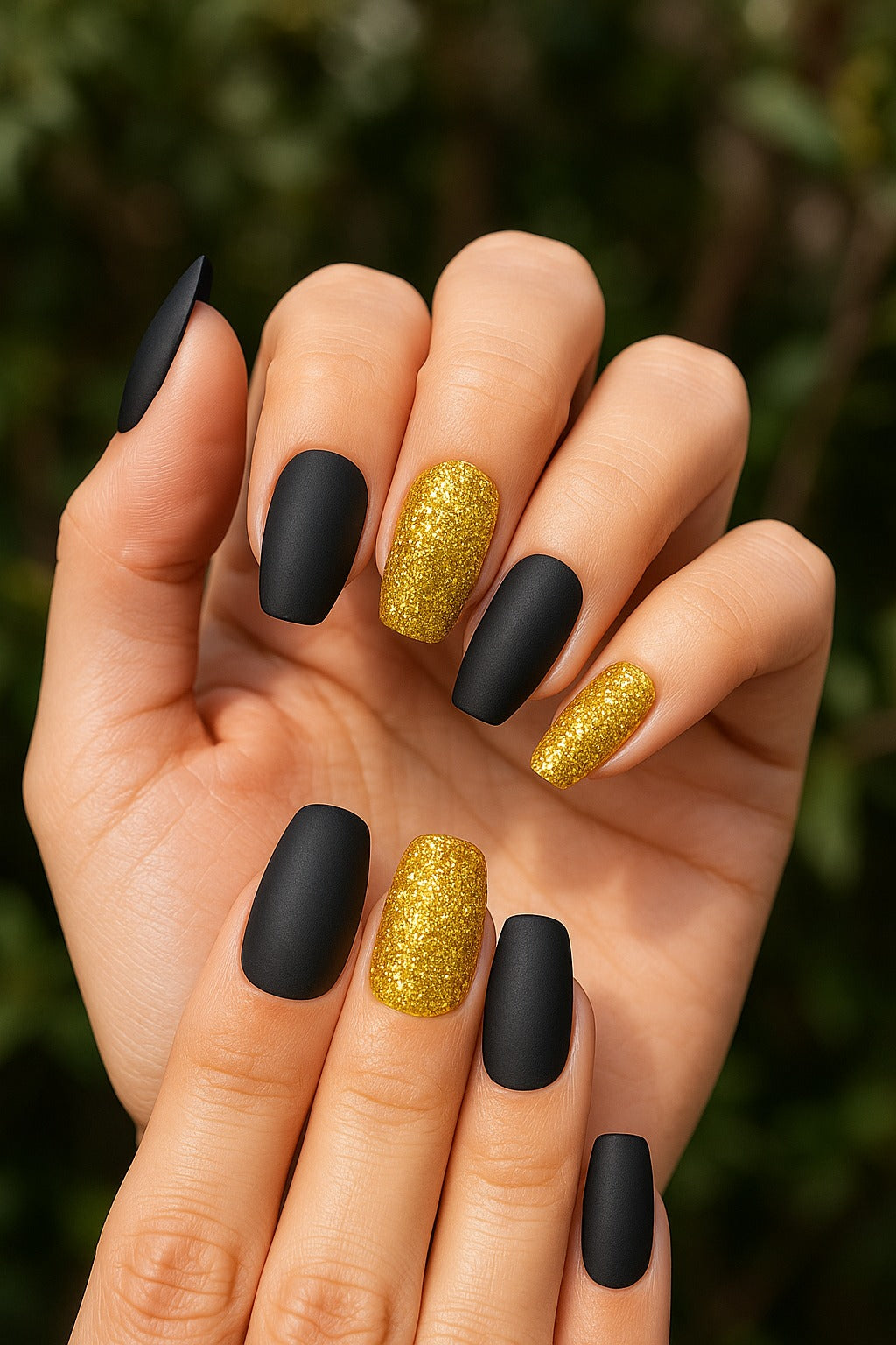 Hand with black and gold glittery nails against a blurred green background
