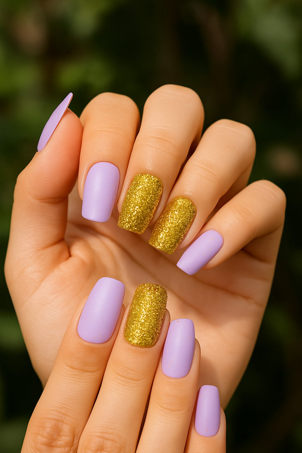 Hand with purple and gold glittery nail polish against a blurred green background