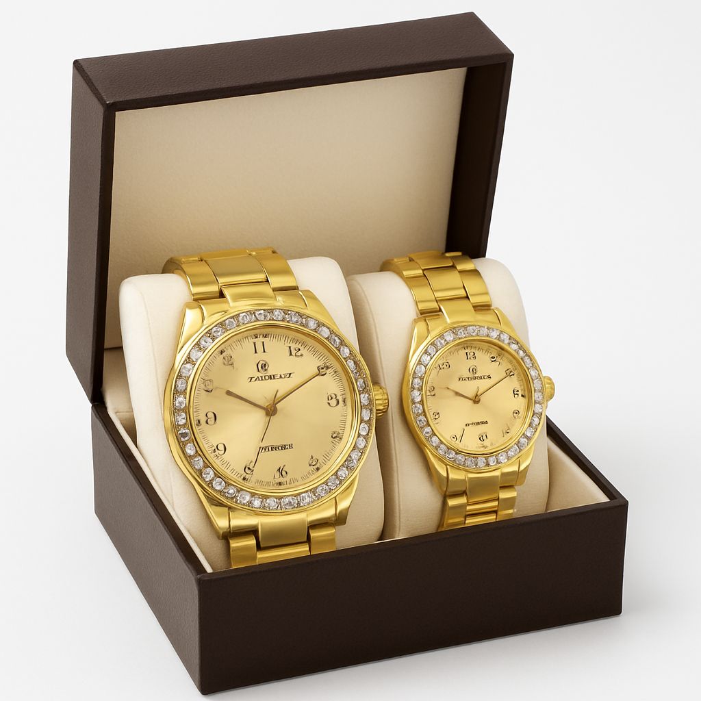 Elegant gold couple watch set in a brown gift box with crystal-studded bezels