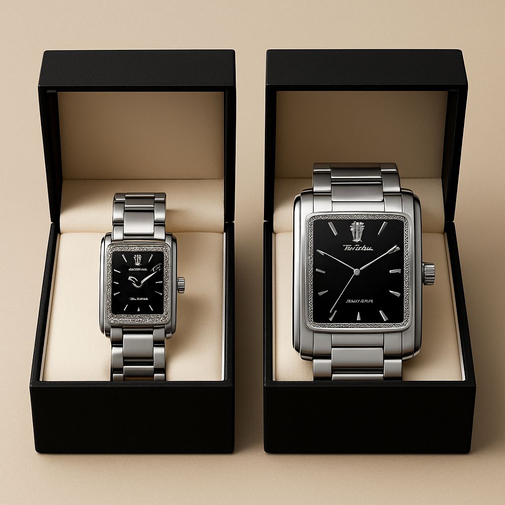 Two silver watches in black boxes on a beige background