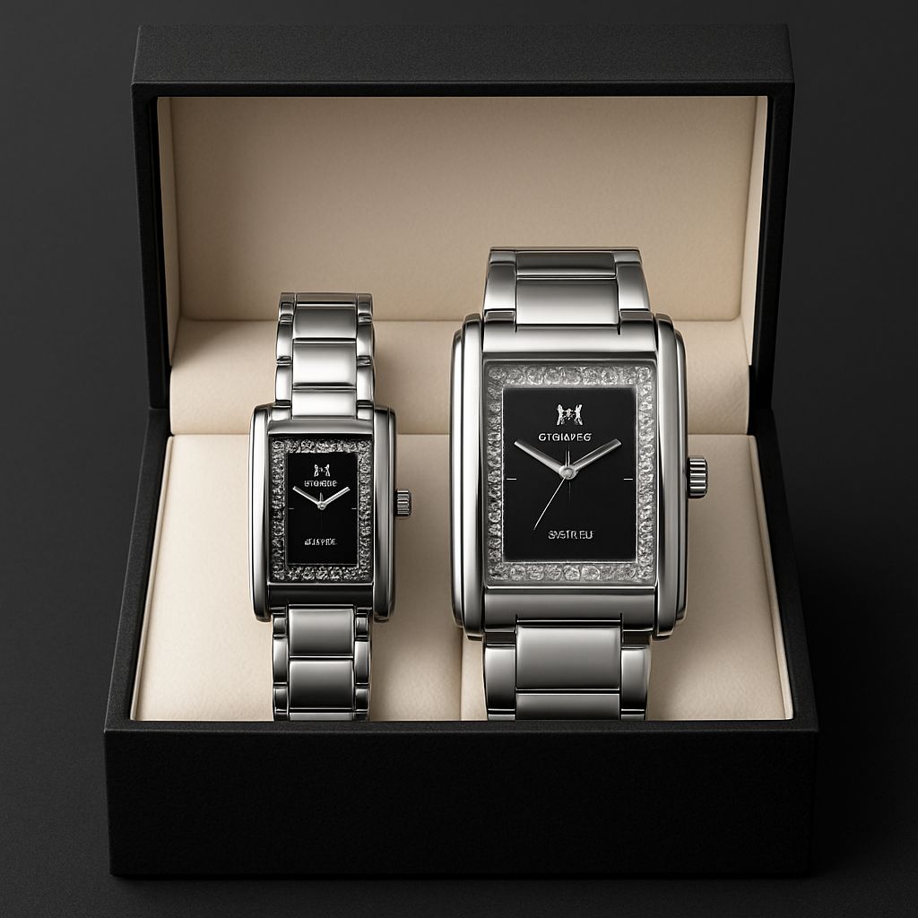 Elegant silver-tone his and hers rectangular wristwatch set in black gift box