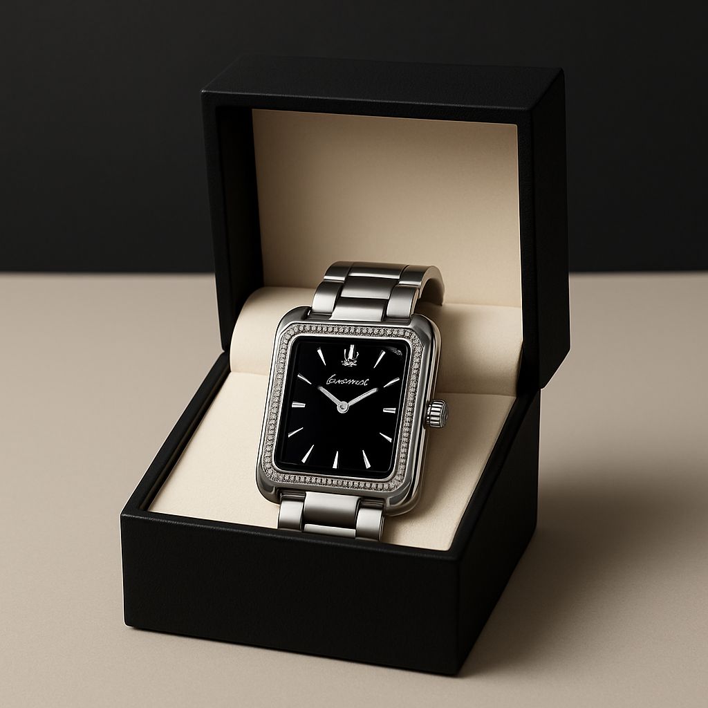 Luxury watch with black face and silver band in a black box on a beige surface.